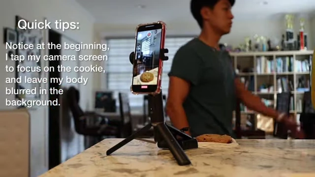 Quick tips for B-roll filming, showing how to tap the camera screen to focus on an object (a cookie) while blurring the background.