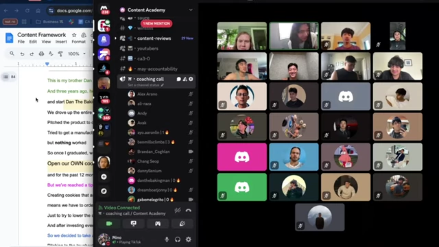 A screenshot of a Discord coaching call with many participants, illustrating the community aspect of the Content Academy.
