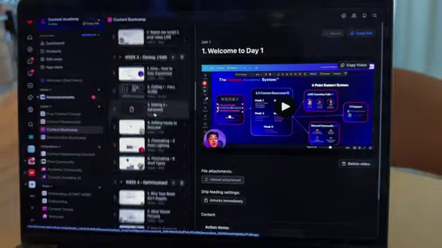A laptop screen displaying the Content Academy dashboard with various course modules.