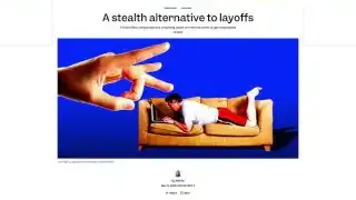 A graphical representation showing "A stealth alternative to layoffs," depicting a large hand reaching out as if to flick a person working on a laptop from a couch.