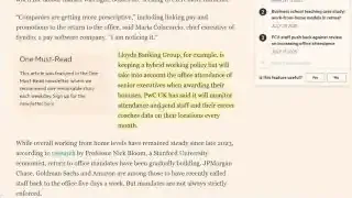 A screenshot of a Financial Times article highlighting that Lloyd's Banking Group and PWC UK are monitoring office attendance for bonuses and performance.