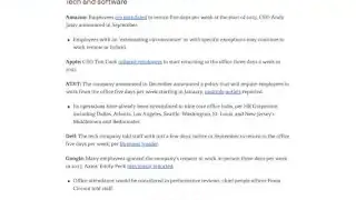 A news article titled "These major companies want workers back in the office" with a list of companies like Amazon, Apple, AT&T, Dell, Google, BlackRock, Citigroup, Goldman Sachs, JPMorgan, Chewy, and Washington Post.