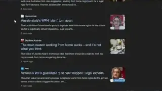 A Google search results page showing various news articles with headlines like "Aussie state's WFH 'stunt' torn apart" and "The main reason working from home sucks — and it's not what you think."