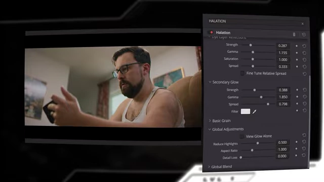 Halation settings for "Secondary Glow" to create a subtle highlight glow effect