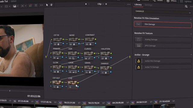 Node graph showing the entire cinematic color grading workflow in DaVinci Resolve, with check nodes placed after CST out