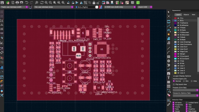 A complex PCB layout routed on a VIA Grid template in KiCad
