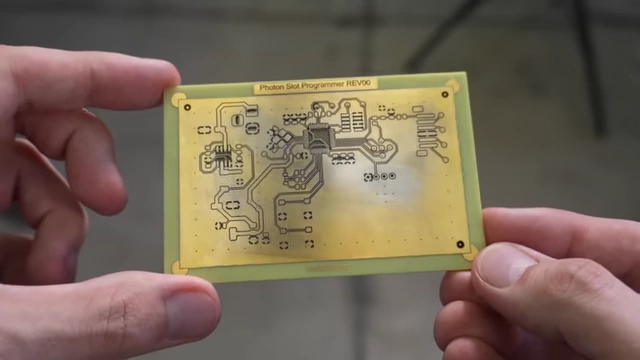 A freshly laser-etched double-sided PCB from a VIA Grid blank