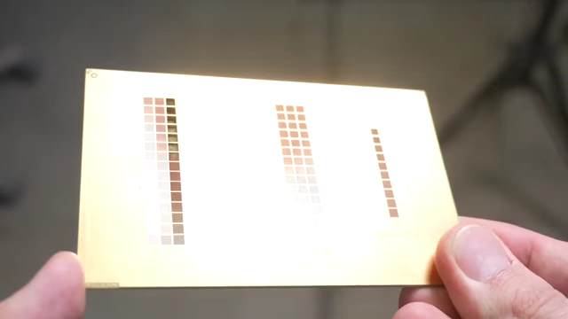 Test patterns showing different laser settings for etching on a PCB blank