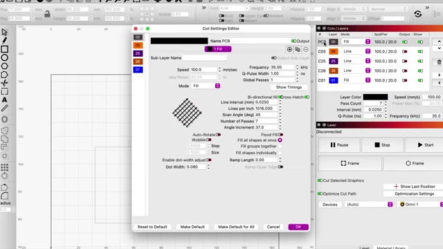 LightBurn software interface displaying optimized laser settings for PCB etching