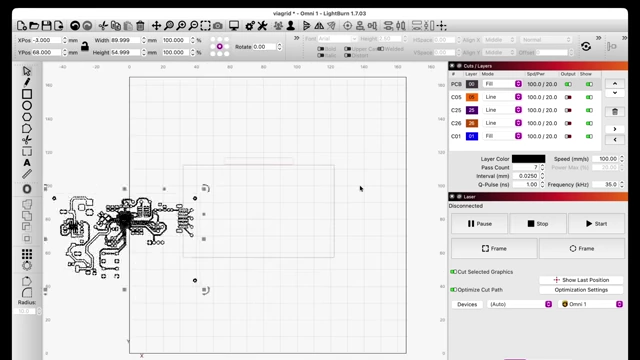 LightBurn software interface with a PCB design loaded, ready for laser etching