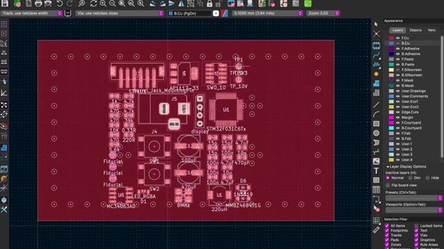 A KiCad layout with traces and vias, demonstrating design flexibility within the VIA Grid standard