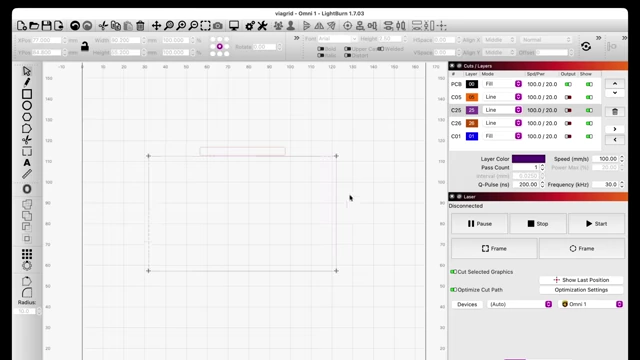LightBurn software displaying the PCB settings for the VIA Grid project