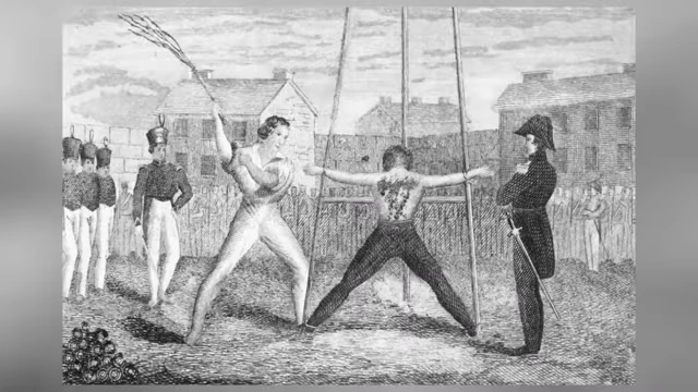 An old illustration depicting a man being publicly flogged as a form of corporal punishment.