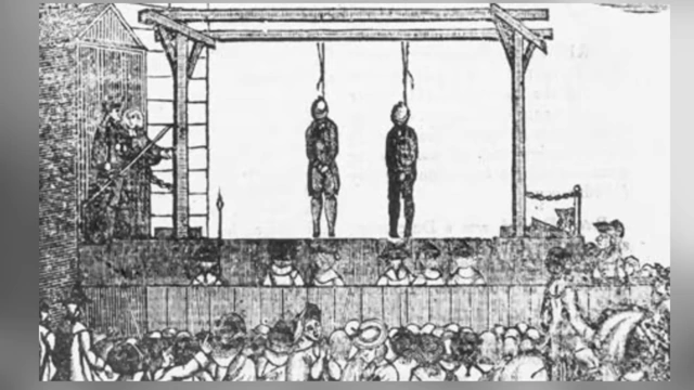 A historical illustration showing two figures being publicly hanged as a form of capital punishment.