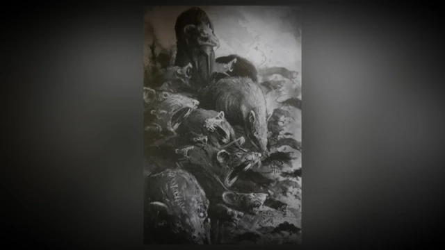 A dark, monochrome illustration depicting numerous rats swarming around a prone or weak figure.