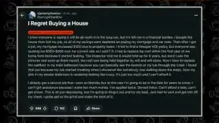 A Reddit post titled "I Regret Buying a House" from the subreddit "r/personalfinance," where the user details their negative experience after buying a house, including depleted savings, increased mortgage due to property taxes, unexpected roof repairs, and being underwater on their mortgage, leading to significant financial burden.