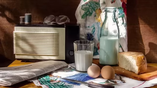 A wired radio on a kitchen table, part of the daily morning routine in many Soviet homes.