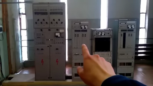 Equipment racks at a city-level radio station, showing voltage reduction stages for local distribution.
