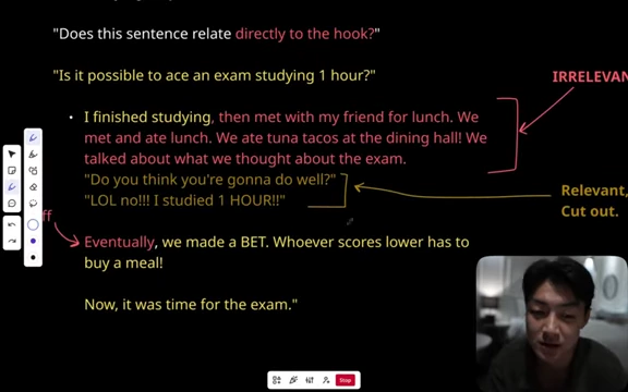 Example of a script snippet showing irrelevant sentences about lunch and redundant statements about studying 1 hour, marked for cutting