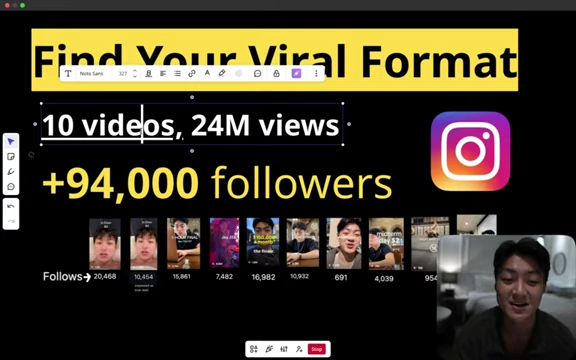 Summary of speaker's viral video success on Instagram: 10 videos, 24M views, +94,000 followers