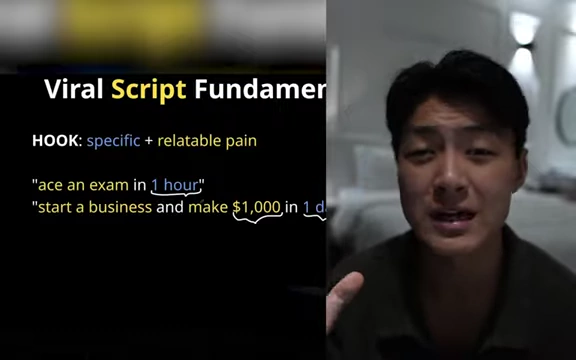 Key elements of a viral hook: specificity and relatable pain, with examples like "ace an exam in 1 hour" and "start a business and make $1,000 in 1 day"