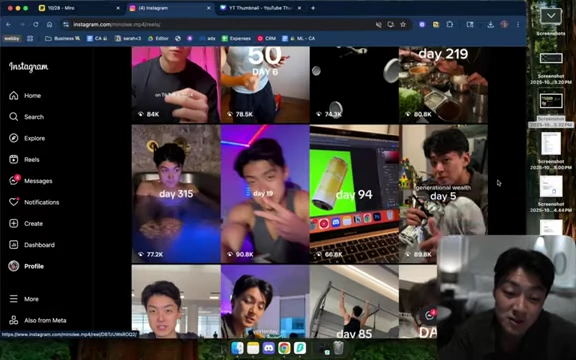 Screenshot of the speaker's Instagram reels, sorted by lowest views, showing many videos that did not go viral