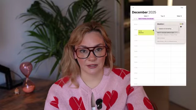 A calendar highlighting a scheduled 'Ideation & Scripting' block for content planning.