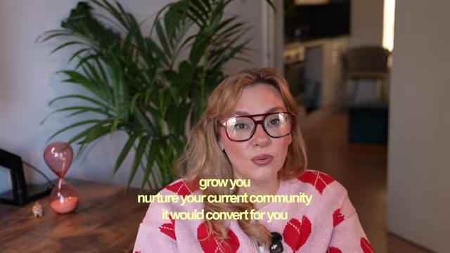 Text overlay listing the three main content buckets: 'grow you,' 'nurture your current community,' and 'it would convert for you.'