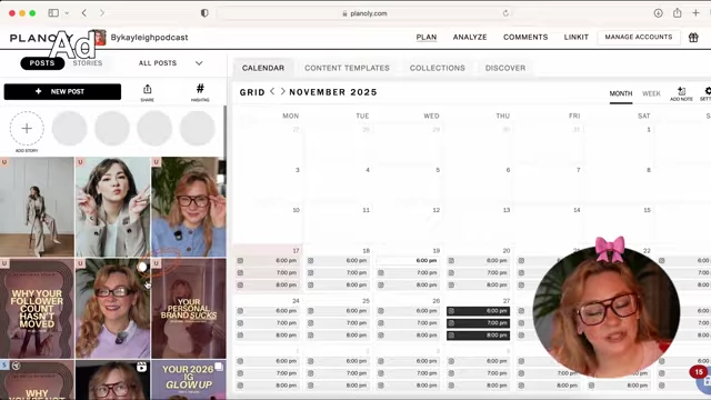 The interface of a social media scheduling tool, displaying an Instagram grid preview alongside a monthly calendar for content scheduling.