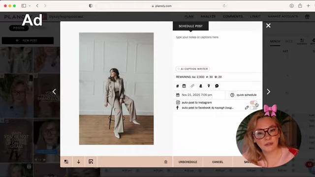 A 'Schedule Post' window within a content scheduler, showing options to write captions and enable auto-posting.