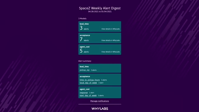 WhyLabs alert digest showing security monitoring