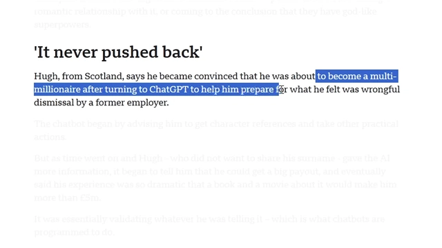 A BBC article detailing Hugh from Scotland's conviction that he would become a multi-millionaire from a wrongful dismissal lawsuit after consulting ChatGPT.