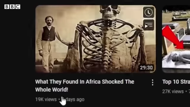 A YouTube thumbnail advertising "What They Found In Africa Shocked The Whole World!" showing a man next to a giant skeleton.