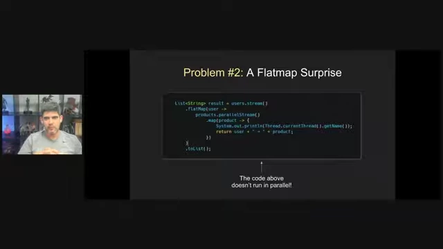 Code snippet demonstrating a parallel stream unexpectedly running sequentially within a `flatMap`.