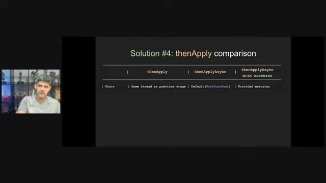 Table comparing `thenApply` and `thenApplyAsync` performance, flexibility, and context preservation.