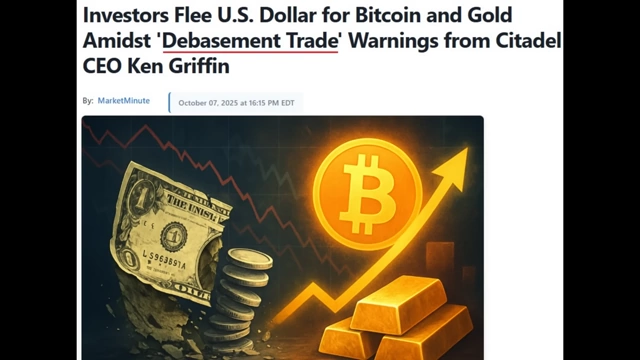 News headline about investors fleeing the US dollar for Bitcoin and Gold amidst 'Debasement Trade' warnings