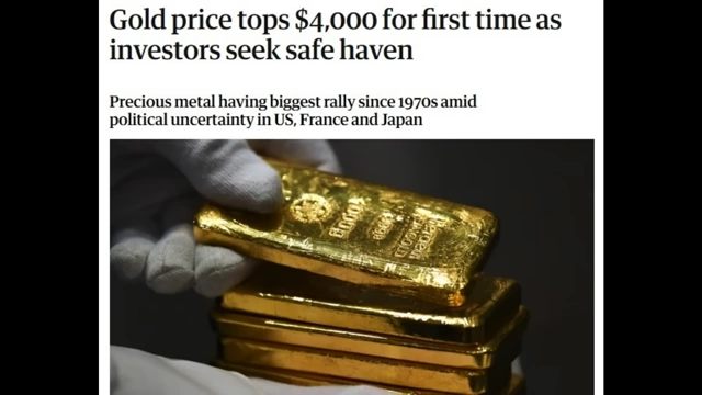 News headline: "Gold price tops $4,000 for first time as investors seek safe haven"