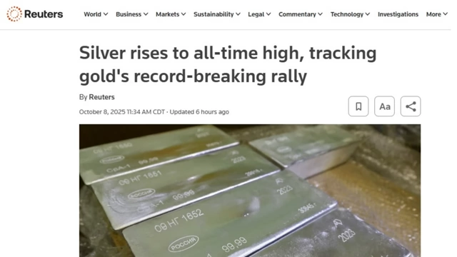 News headline: "Silver rises to all-time high, tracking gold's record-breaking rally"