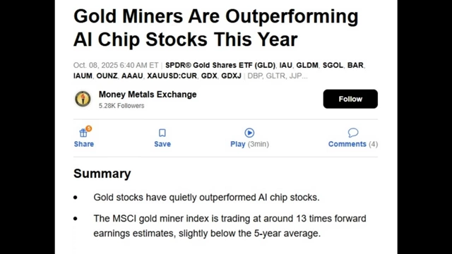 News article highlighting gold miners outperforming AI chip stocks and the MSCI gold miner index trading below its 5-year average