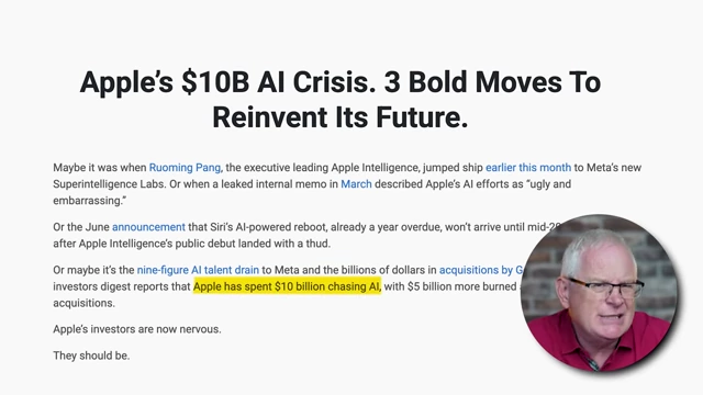 Article headline: "Apple's $10B AI Crisis. 3 Bold Moves To Reinvent Its Future."