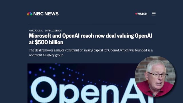 NBC News headline: "Microsoft and OpenAI reach new deal valuing OpenAI at $500 billion"