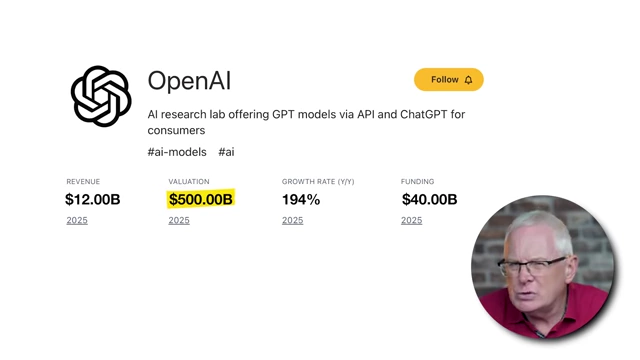 OpenAI profile showing Revenue $12.00B, Valuation $500.00B [<a href="https://youtube.com/watch?v=C6eXTvqdaro&t=2025">2025</a>]