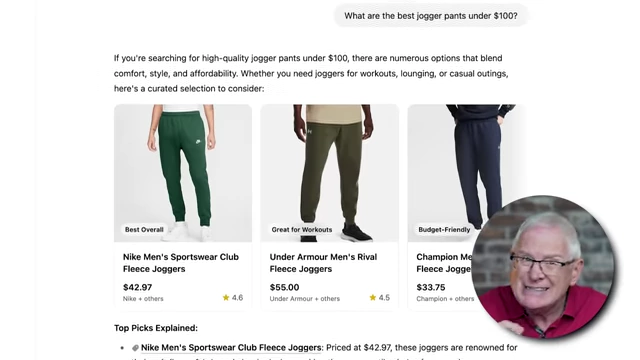 Example of ChatGPT conversation with product recommendations ("What are the best jogger pants under $100?")