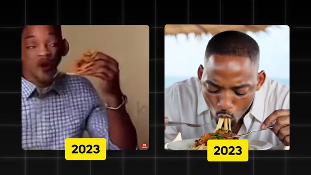 Side-by-side comparison of AI-generated videos of Will Smith eating spaghetti [<a href="https://youtube.com/watch?v=C6eXTvqdaro&t=2023">2023</a>]