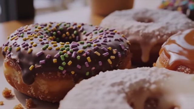 A tray of various donuts with colorful sprinkles and glazes