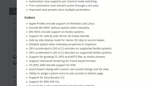 DaVinci Resolve 20 公开测试版 1 的发布说明，确认 GPU 加速的 H.265 4:2:2 编解码支持。