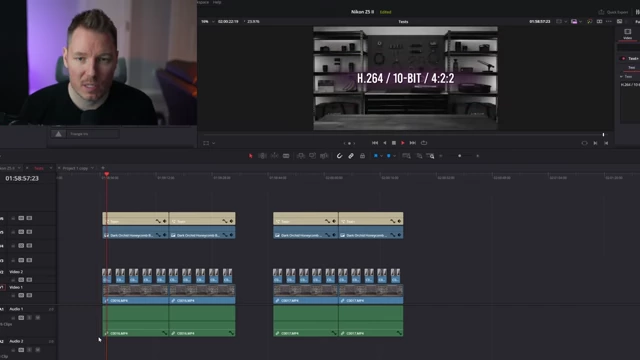 DaVinci Resolve 界面，显示 H.264 10 位 4:2:2 视频素材的时间线，作为 RTX 5090 的测试场景。