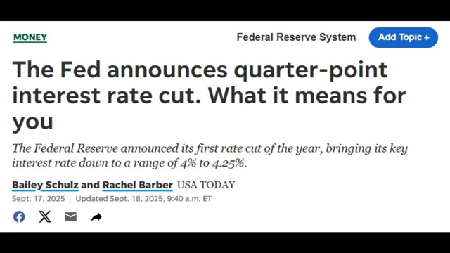 News headline announcing the Federal Reserve's quarter-point interest rate cut in September 2025