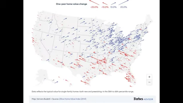 Map showing one-year home value changes across the US, with red indicating declines and blue indicating increases