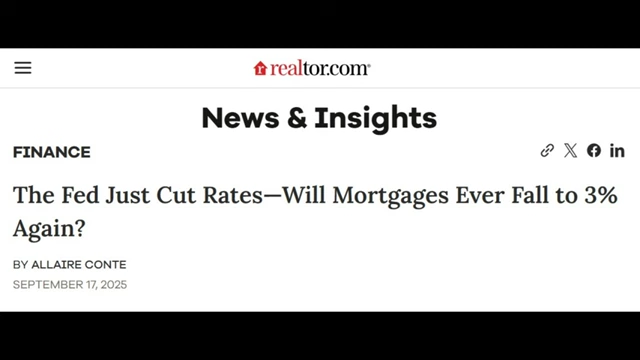 News headline questioning if mortgages will fall to 3% again after Fed rate cut